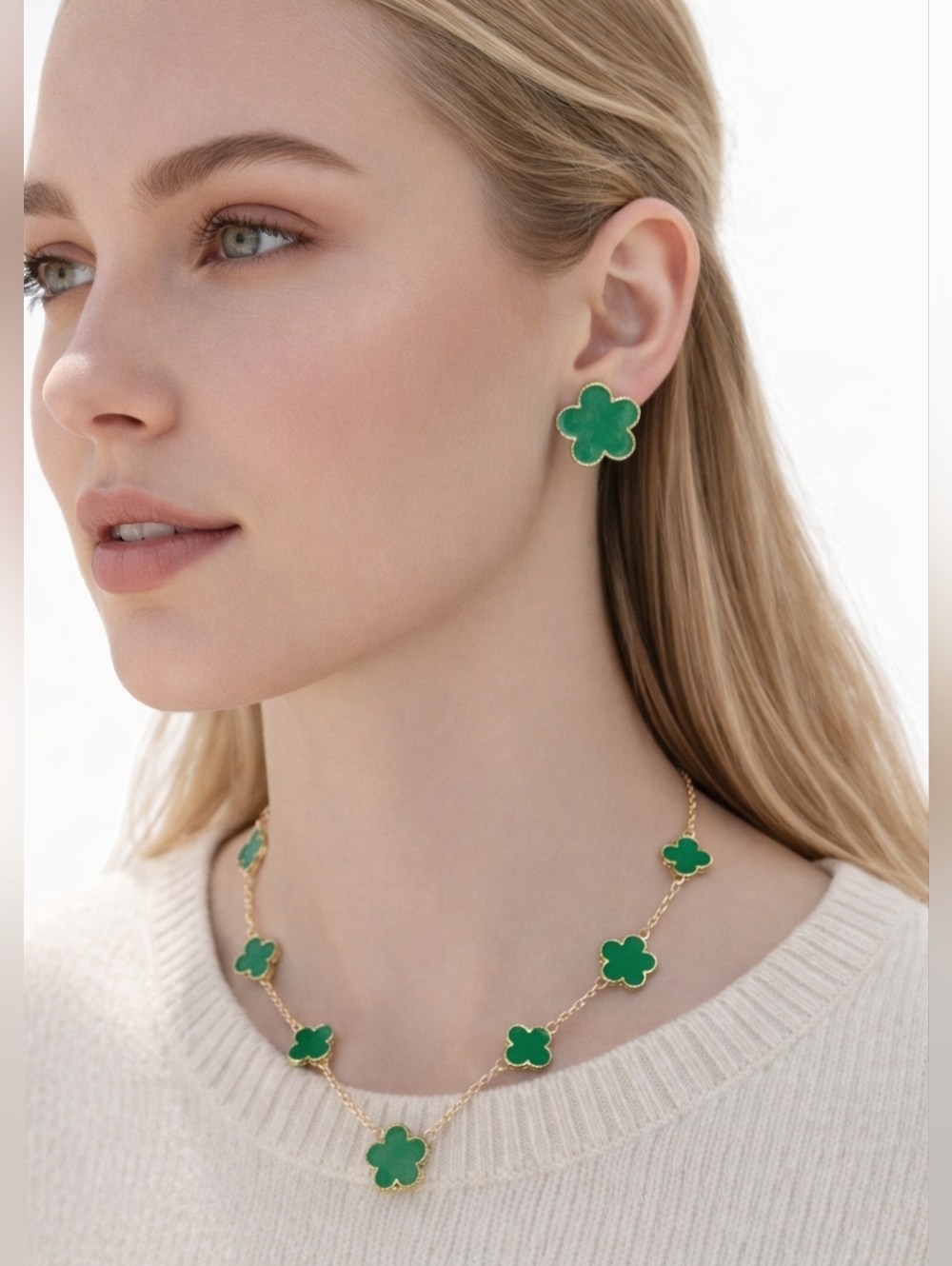 Green Clover Set Gold Tone Necklace & Stud Earrings Matching Set Alhambra Style